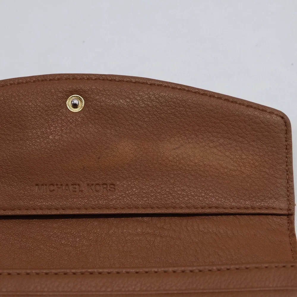 Michael Kors Wallet Women Brown Pebbled Leather Gold Logo Plate OS Classic